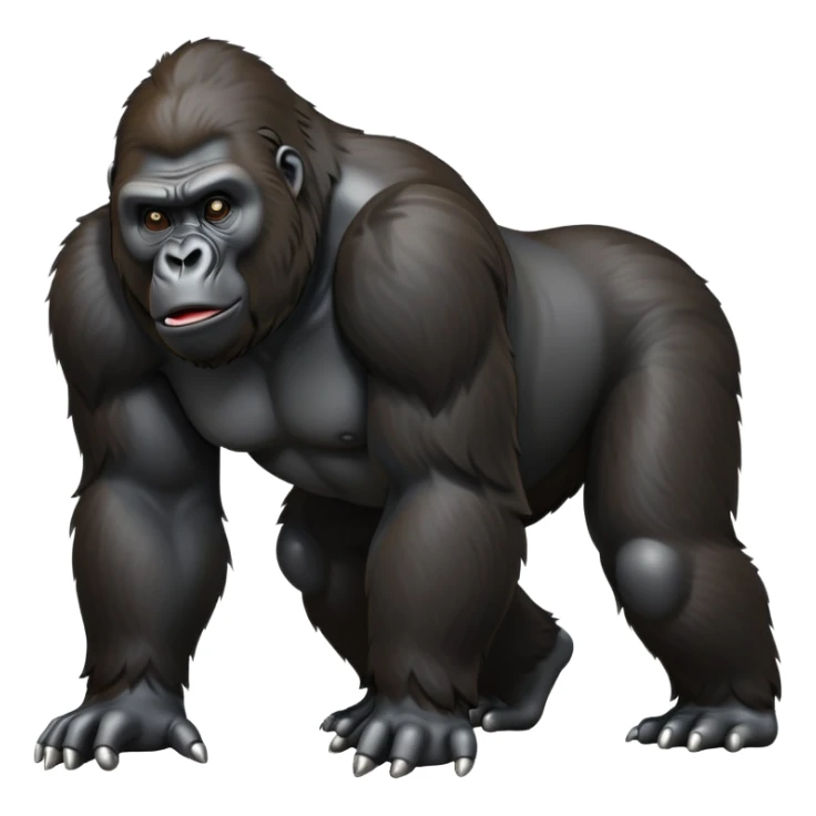 cinematic-gorilla-realistic-full-body-on all fours-emoji,-exuding-strength,-thick-dark-fur-glossy-in-the-light,-head-tilted-dramatically,-deep-dark-eyes-filled-with-intense-intelligence,-simplified-yet-realistic-focused-features,-highly-detailed,-glowing-with-an-almost-sarcastic-glow sticker