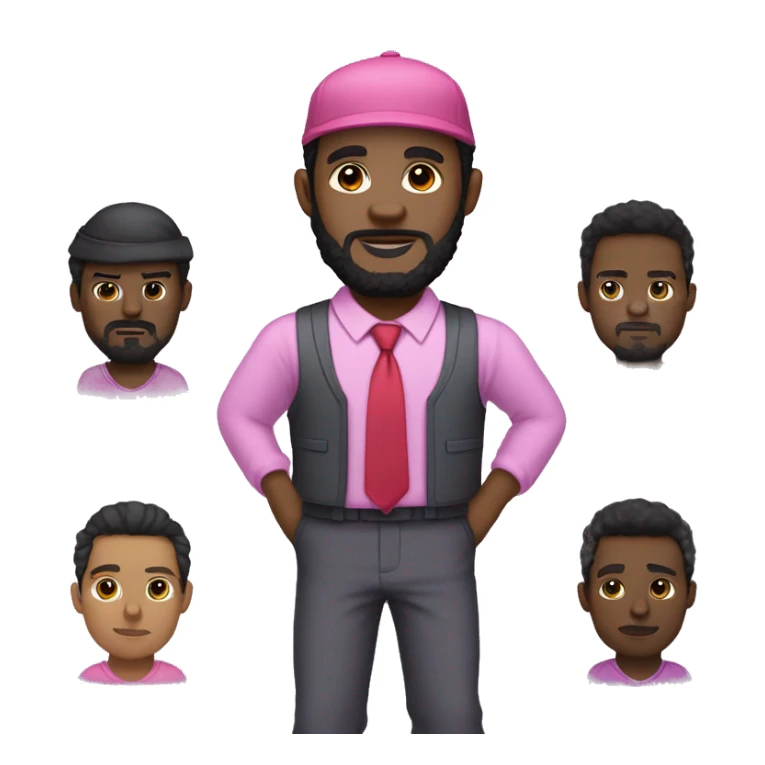 A black man with black beard and hair but no moustache, with a big butt wearing a pink long sleeve shirt with light purple sweat pants a purple vest a red tie and a red hat sticker