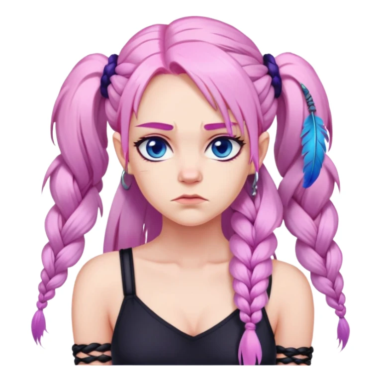 Long-pale-pastel-pink-hair with one braid on each side, grumpy expression, purple-pink feather-ear-cuffs in hair, black bodysuit, blue eyes, pink iris sticker