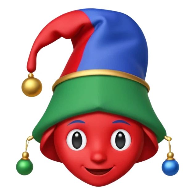 A 3D cartoon jester hat in red, blue, and green with bells, simple light background, Memoji-style rendering. sticker