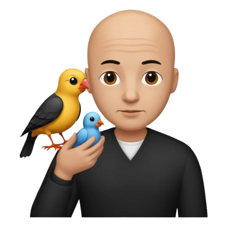black thsirt bald man with bird sticker