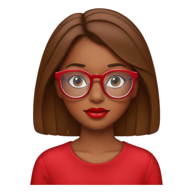 It creates a girl with brown skin, hair a little below her shoulders, just a little, pretty clear glasses, wearing red clothes and red lipstick. sticker