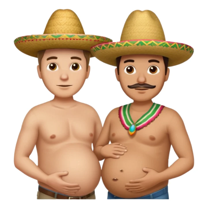 two men standing besides each other. 1 man is white, and the other man is mexican wearing a sombrero and pregnant, holding his belly.  sticker