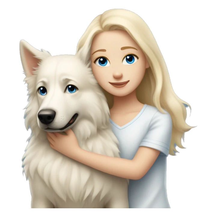 Blond girl with blue eyes cuddles a white Sheppard dog  sticker