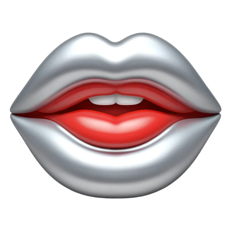female lips emoji, smooth liquid metal chrome surface, sculpted shape, high-gloss reflections, monochrome futuristic 3D style, isolated on white sticker