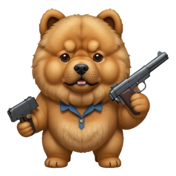 Funny realistic-style chow chow dog with light fur standing on its hind legs and holding a gun menacingly sticker
