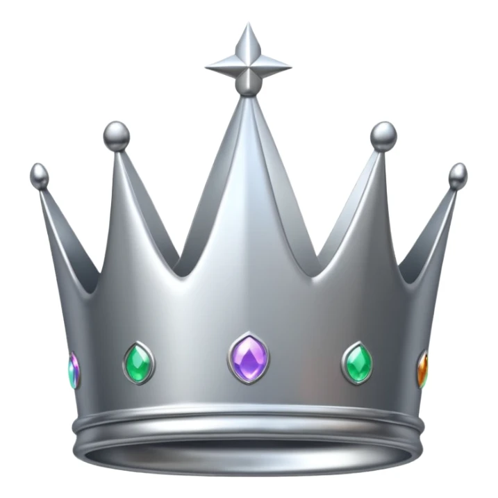 A luxury silver crown emoji, chrome metallic finish, smooth rounded edges, subtle sparkle, polished reflective surface, cute proportions, iOS emoji style, centered on a clean white background, soft studio lighting, no outlines sticker