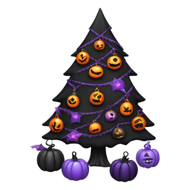 A black Christmas tree with Halloween themed decor sticker