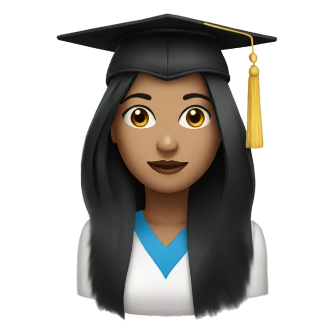 Woman with black hair and blue eyes and a graduates hat sticker