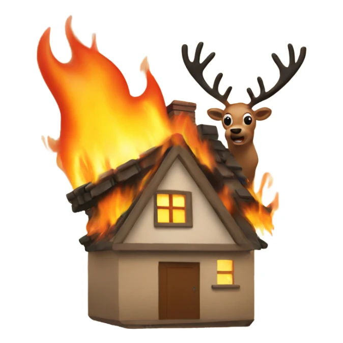 House on fire next to a reindeer sticker