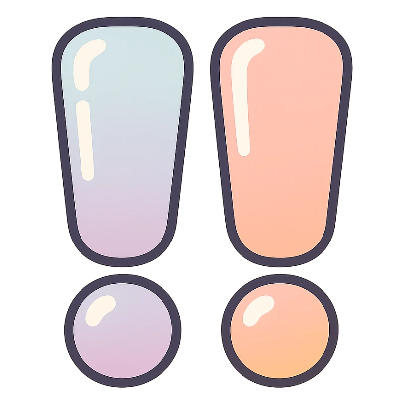 two exclamation marks side by side, styled in modern Japanese pop-art and sticker aesthetics with an eastern style influence, thin clean outlines, soft rounded shapes, pastel color palette #98B5BC, #B5B3C1, #C9A3C9, #E4C0CA, #F7DCD1, #F7C0AA, detailed shadows and highlights, soft lighting, minimalist eastern background, transparent background, no additional decoration sticker