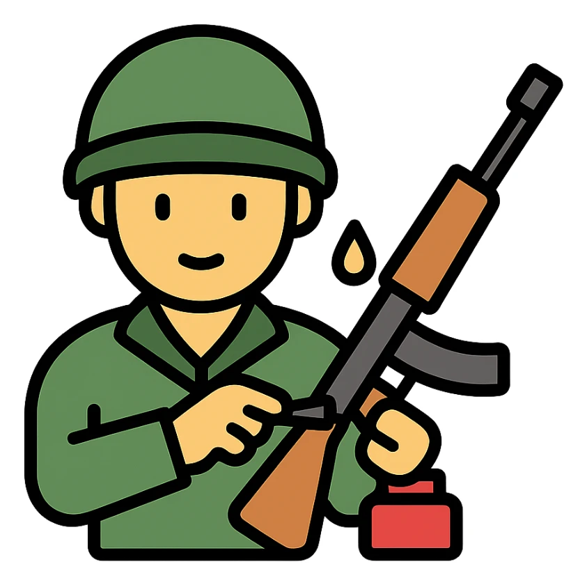 Indian soldier greasing a gun, color icon with black outlines sticker