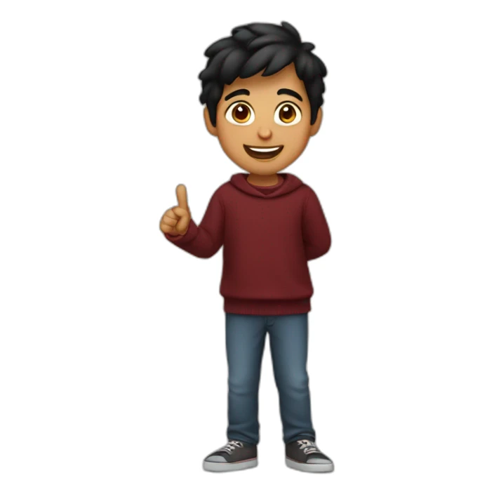 smiling and pointing north indian kid with black hair wearing a dark red sweater sticker