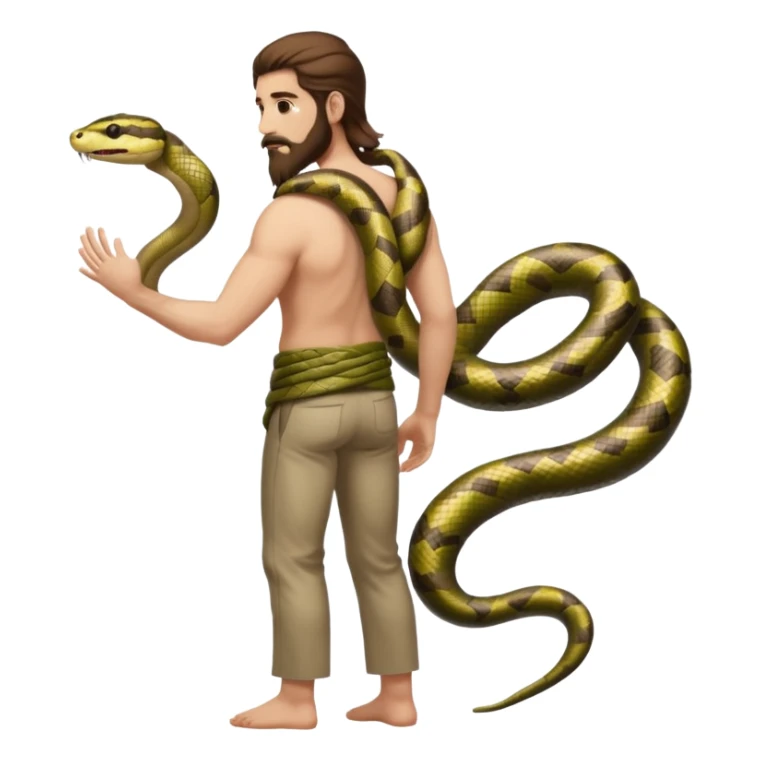 full body man long brown hair brown eyes medium beard white skin seen from behind, snake wrapped around arm and back sticker