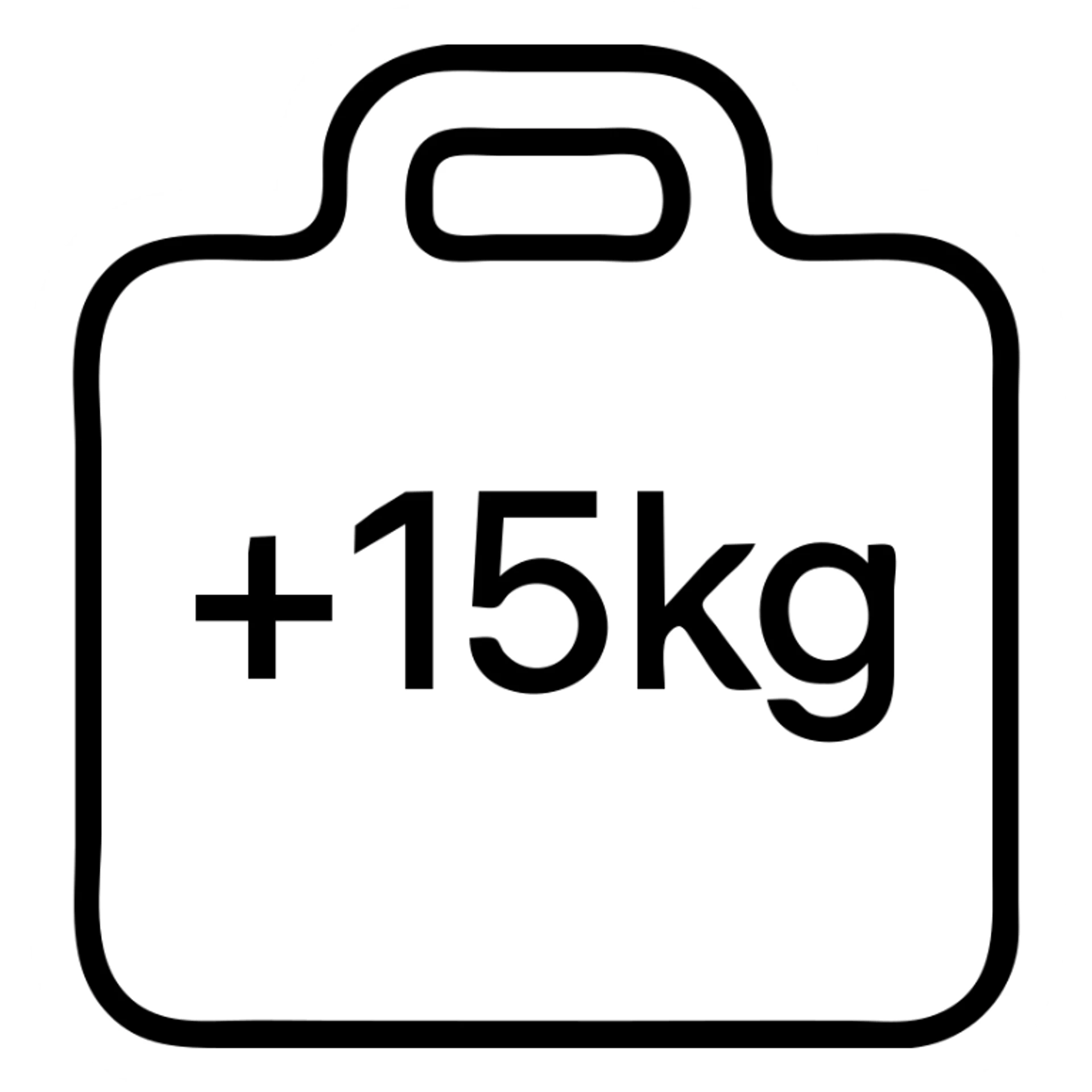 icon for '+de 15 kilogramos', weight scale with '+15kg' label, simple and easy to read, outlined design sticker