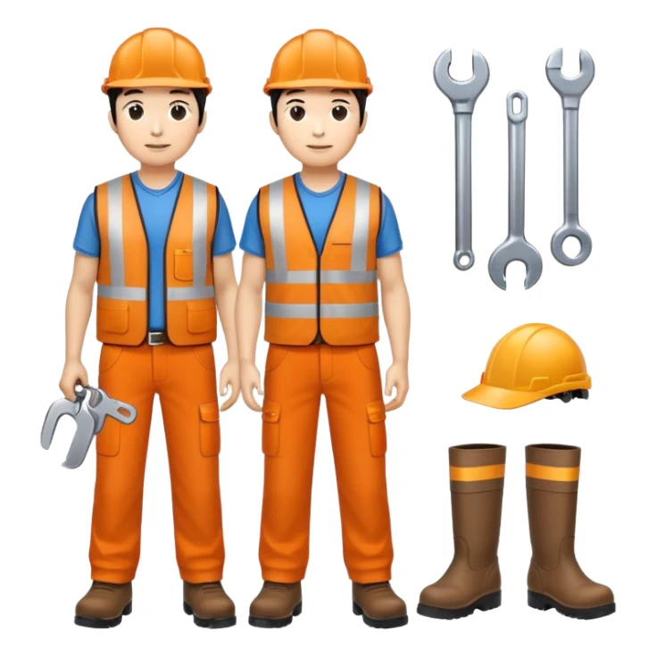 ASIAN RAILWAY ENGINEER ORANGE VEST, TROUSERS, BOOTS, WITH SPANNER sticker