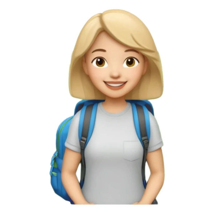 A 3D cartoon woman with a backpack smiling outdoors, surrounded by greenery, Memoji-style realism. sticker