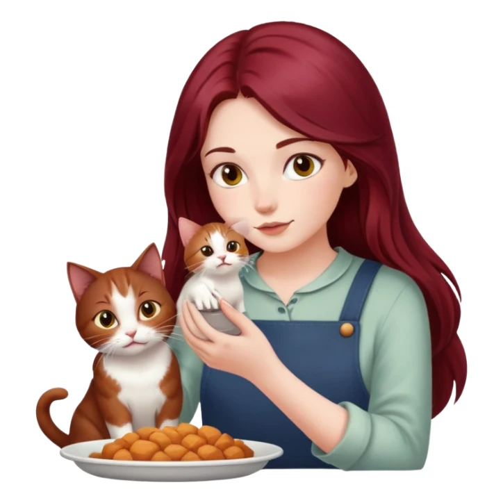 Beautiful, long, burgundy haired girl, feeding cat sticker