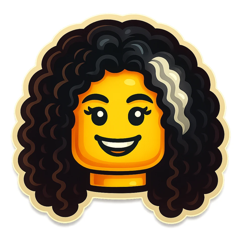 Edit the LEGO minifigure image to make the differently colored section of hair clearly whitish-gray, keeping the rest of the hair, face, and smile the same. Maintain a bright, playful LEGO style consistent with the original. sticker