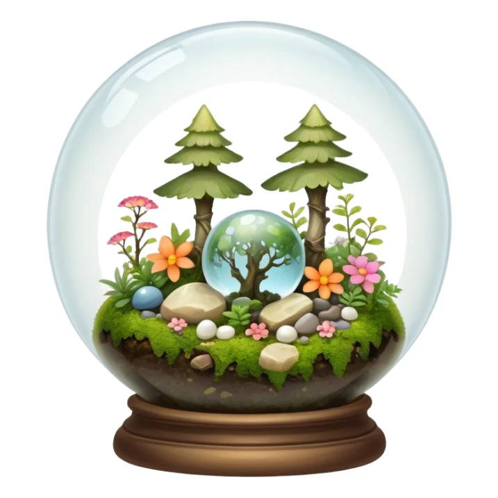 Mystical woodland glass-dome-terrarium-globe with moss inside, with marbles, with pebbles, crystals, with bones inside, and flowers inside  sticker