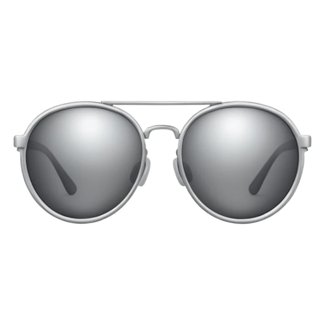 A pair of luxury sunglasses emoji with silver chrome frame, smooth rounded lenses, reflective metallic surface, high-end swag aesthetic, minimal and clean design, iOS emoji style, centered, white background sticker