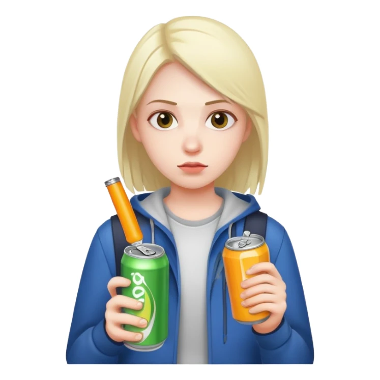 student holding energy drink can, tired face sticker