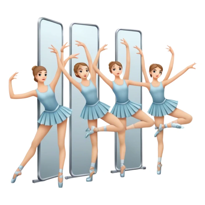 Icon for Choreography: a group of dancers in identical poses, standing by a wall with all wall long mirror, holding a long barre with one hand. The icon should capture the discipline and synchronized movement of dance training. Transparent background. sticker