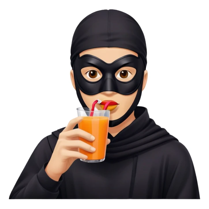 Masked man in dark clothing holding and drinking from a juice box with a straw, comical contrast between serious masked appearance and innocent juice sticker