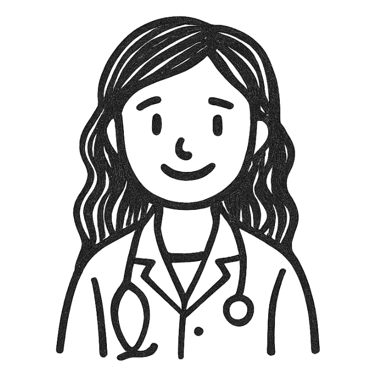 young woman, brown long wavy hair, medical white clothes, friendly, front view, smiling sticker