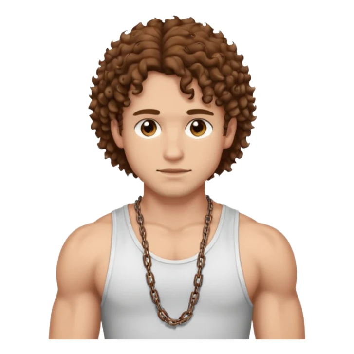 a somewhat muscular lights lin guy with brown curly hair, chains, q white tank top, and brown eyes sticker