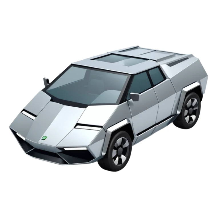 A futuristic chrome car emoji, sharp geometric body design inspired by cybertruck aesthetics, smooth silver metallic surface, matte and glossy chrome mix, minimal details, soft reflections, clean edges, iOS emoji style, centered, clean white background, soft studio lighting, no text sticker