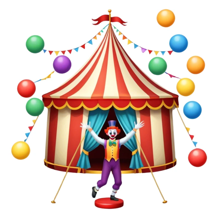 Icon for Circus Arts: a circus tent with a performer juggling colorful balls, a unicyclist, and a clown. The icon should convey the excitement and fun of circus performances, with emphasis on skill, acrobatics, and entertainment. Transparent background. sticker