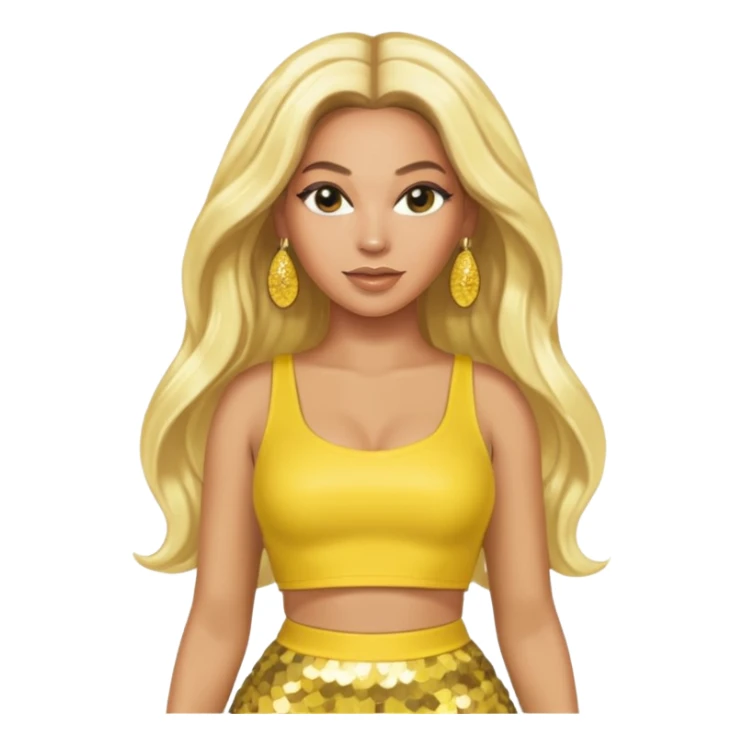 Beyonce with long platinum blonde hair, yellow sequin crop top yellow sequin skirt, gold earring sticker