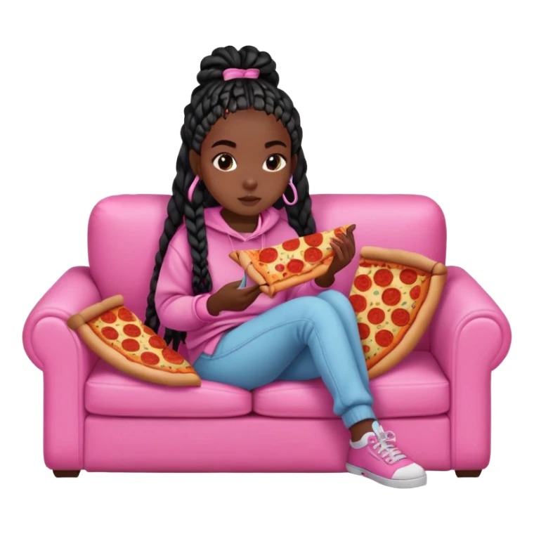 A dark skinned black girl with black box braids eating pizza, on a pink couch in comfy outfit sticker