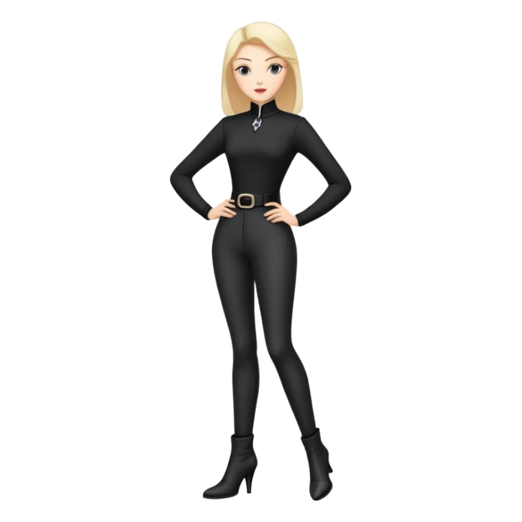 girl with oval-shaped flat-top head wearing tight black pants and black medieval high-heeled boots sticker