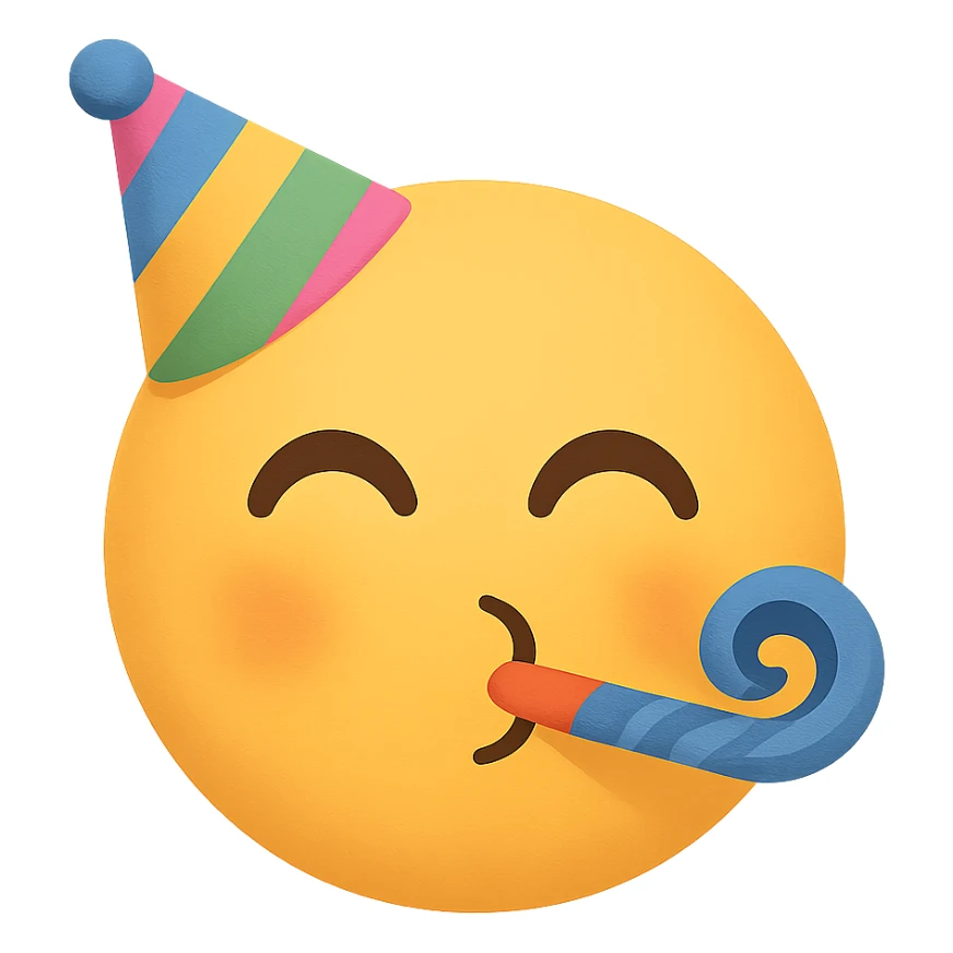 yellow face with party horn emoji, digital illustration, no background sticker