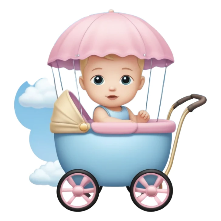 baby sitting in pink and beige stroller with pastel blue clouds around it sticker