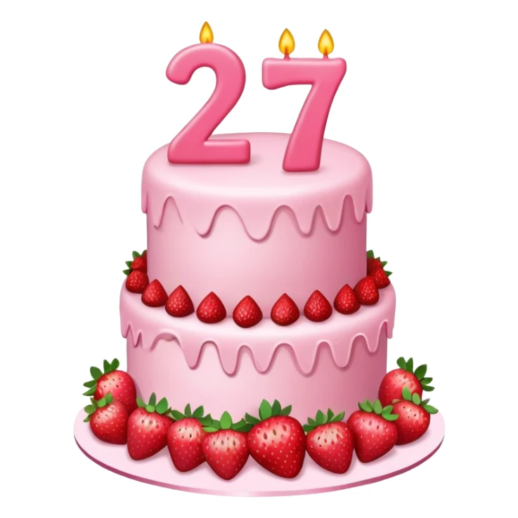 Pink birthday cake with the number 27 on it and strawberries  sticker