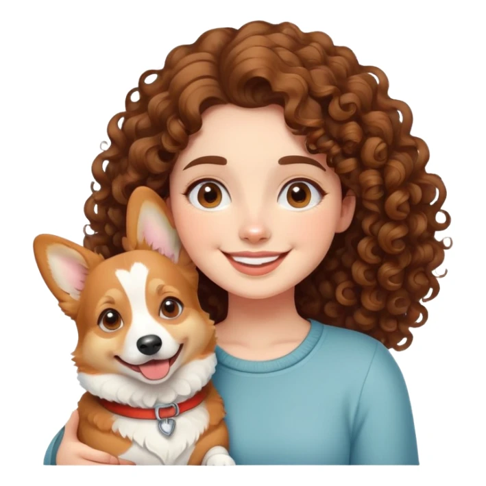 Curly brunette girl smiling with a corgi, in cute style   sticker