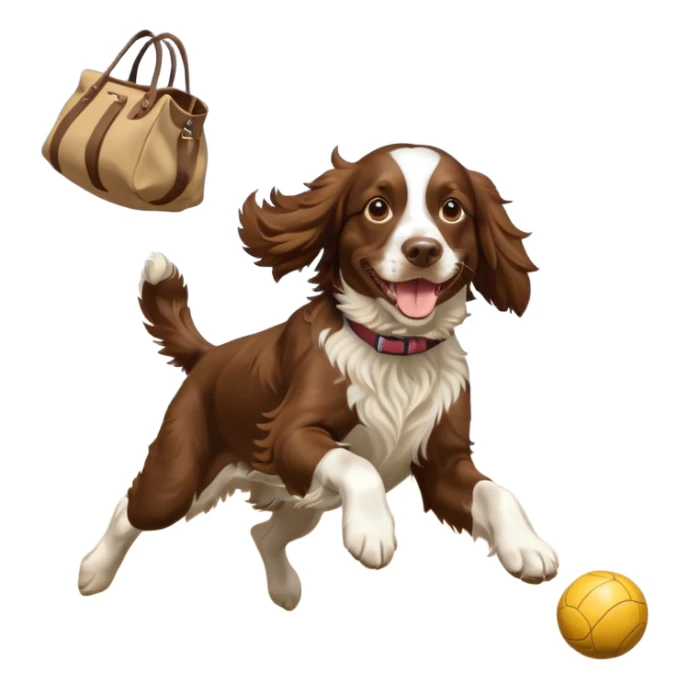 brown English springer spaniel jumping for joy on a Northumberland beach with a bag of balls sticker