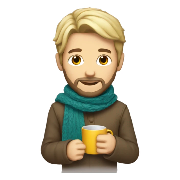 male with blonde brown hair beard with scarf holding mug sticker