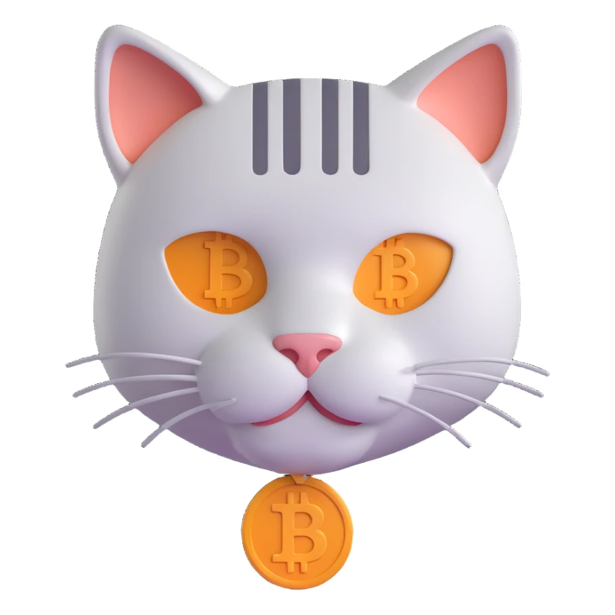 3D emoji style cat head only with neutral face inspired by Bitcoin logo for a crypto project sticker