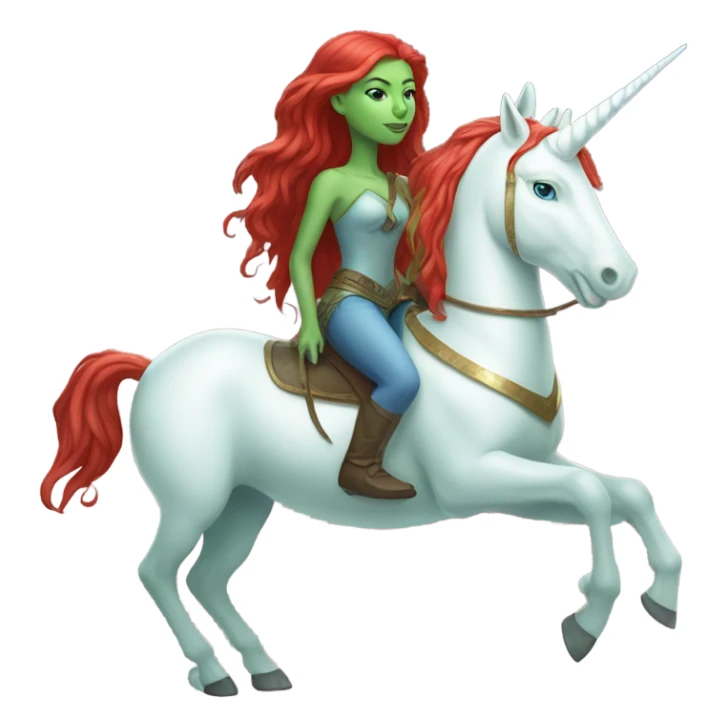 [(a light green Amazon alien woman with red hair with blue eyes) on a (four-legged white unicorn)] sticker