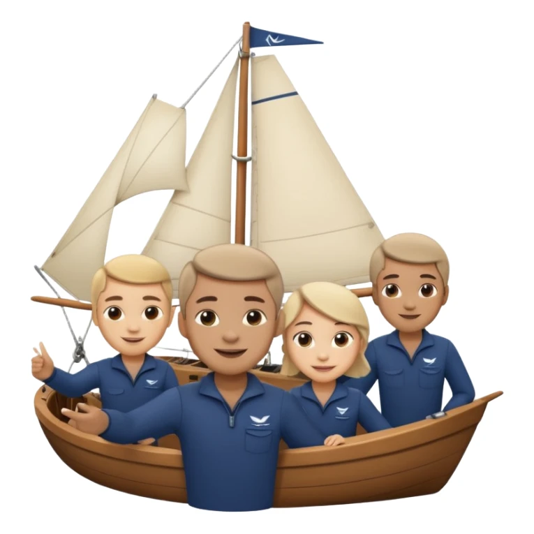Emoji-style person taking a selfie with small sailing crew behind, rounded faces, soft shading, smiling, PNG cutout sticker