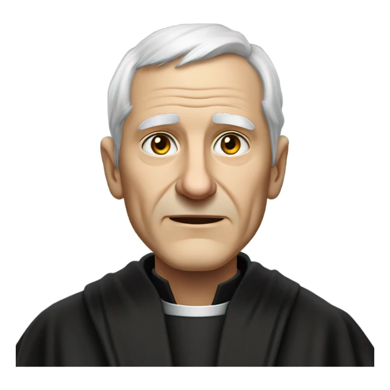 "An older man with thinning white hair, a weathered face, and a solemn expression. He wears a black robe with a clerical collar and holds a Bible or rosary, standing in a modest church." sticker