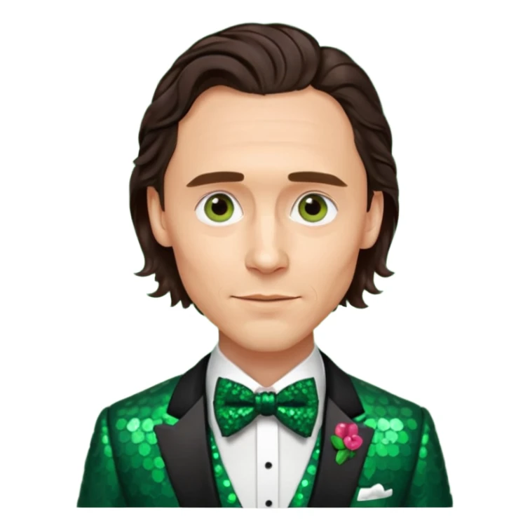 Tom Hiddleston with dark brown hair, dark green sequin suit with bow tie sticker