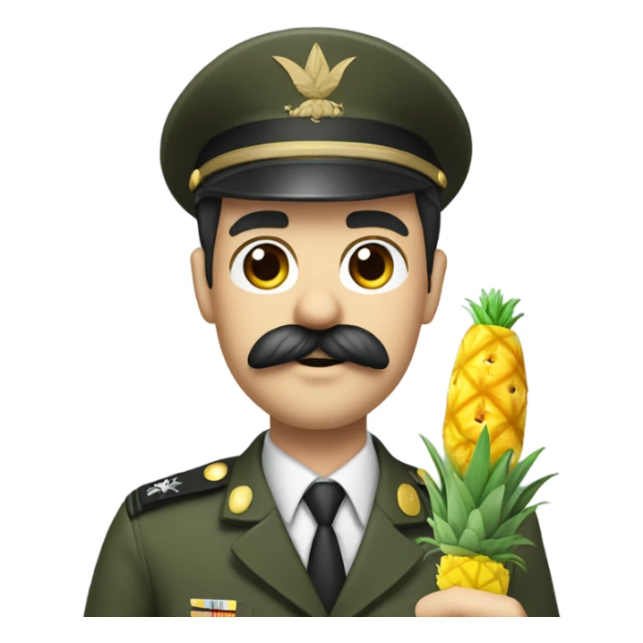 A white man with black hair and a toothbrush mustache wearing a military uniform holding a pen and pineapple  sticker
