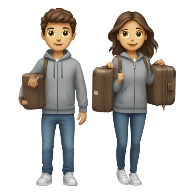 brown hair boy and girl holding suitcases while wearing grey sweat sets sticker