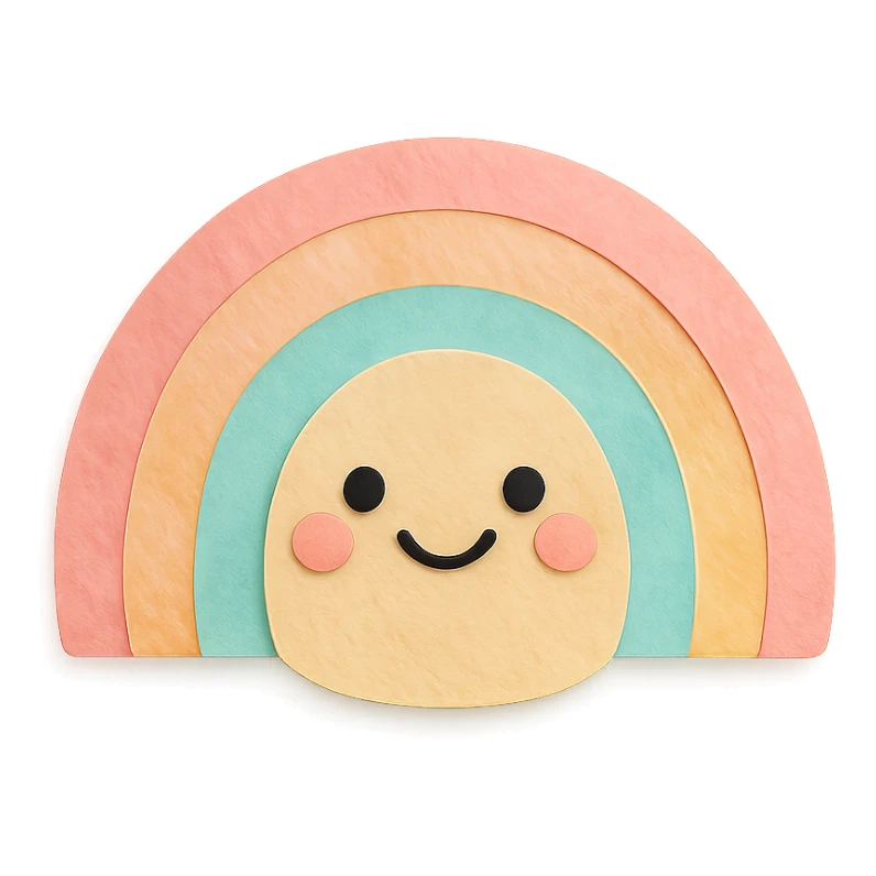 soft pastel rainbow with smooth watercolor texture and happy face, no arms, no legs, full body, kawaii paper craft style sticker