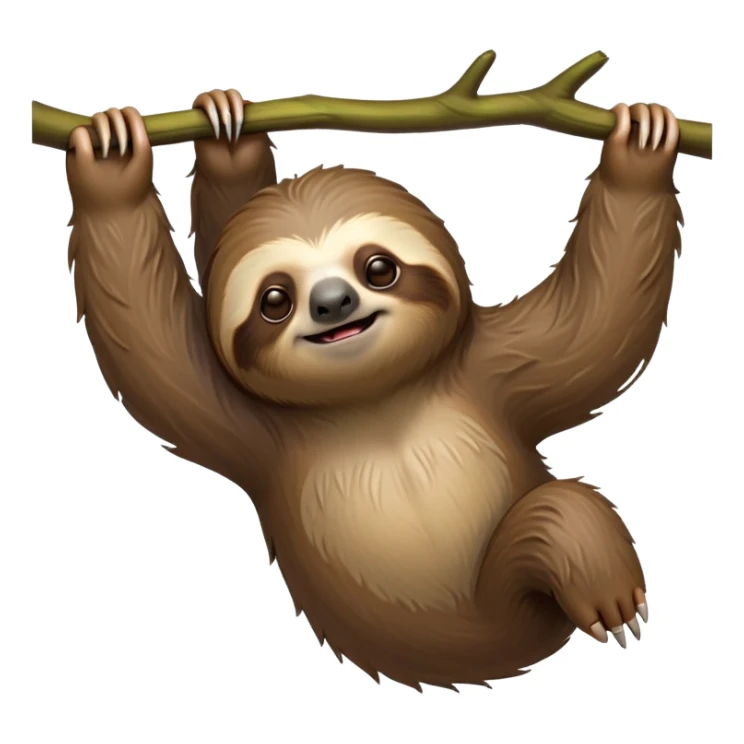 cinematic-sloth-realistic-full-body-hanging-emoji,-long-curved-claws-clinging,-thick-shaggy-brown-fur-slightly-ruffled,-head-tilted-dramatically,-slow-blinking-eyes-filled-with-serene-wisdom,-simplified-yet-realistic-focused-features,-highly-detailed,-glowing-with-an-almost-sarcastic-glow sticker